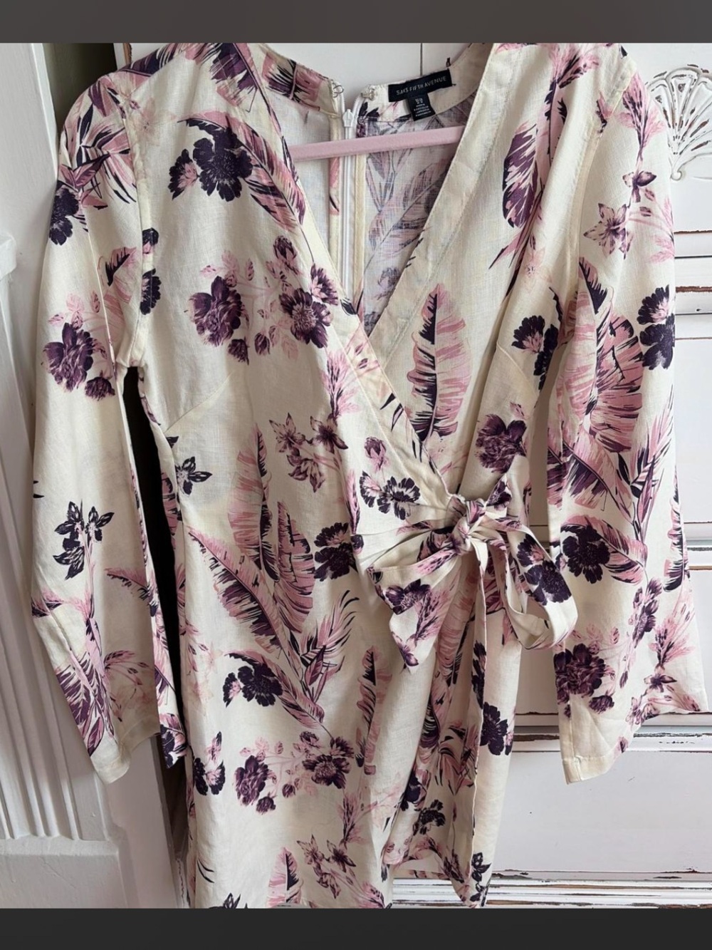 Saks Fifth Avenue Cream Wrap Dress with Pink and Purple Floral Print